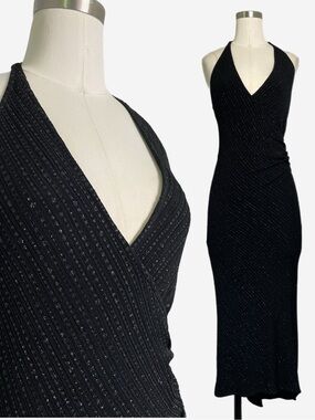 Alexia Admor New York black glitter asymmetric ruched halter midi dress Y2K S